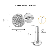 JiaXin ASTM-F136 G23 Titanio Push Pin Sin Rosca para Labret, Medusa, Forward Helix, Lobe, Flor, Circonita Cúbica, Joyería Corporal 16G