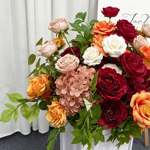 Burgundy Orange Pink Realistic <b>Artificial</b> <b>Flower</b> Arrangement Silk Rose <b>Hydrangea</b> Modern Centerpiece for Wedding Table Decor - Product Image 3