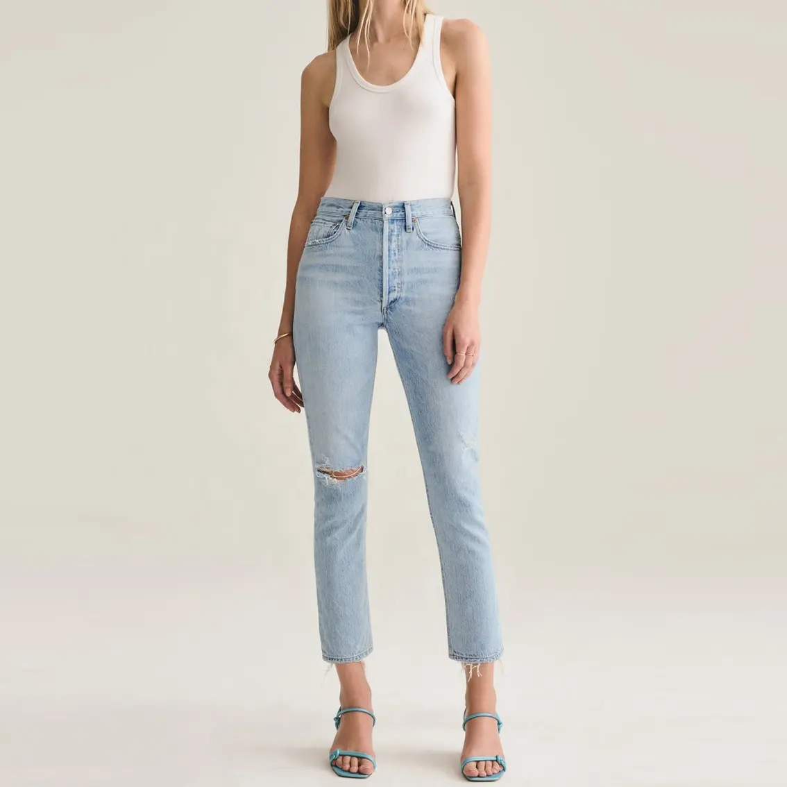 Wholesale high quality slim skinny women ripped jeans slim fit raw hem denim trousers