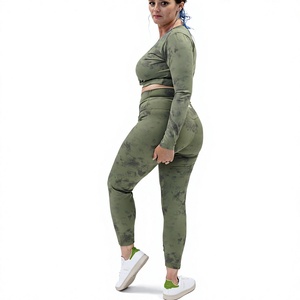 Wholesale Custom Logo OEM Tie-Dyed 2 Pieces <b>Set</b> Crop Top Long Sleeve Tees Butt Lifting <b>Sexy</b> Leggings Spandex/Polyester Knit - Product Image 4