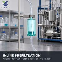 Filtre vert transparent avec flèche de débit creuse et deux extrémités tubulaires pour les tests de préfiltration de solvants et en laboratoire