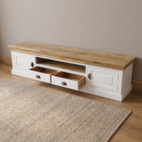 Meuble TV artisanal en bois de manguier écologique, design moderne, plateau en bois naturel, base peinte en blanc, poignées en métal noir, 65 pouces, pour salon