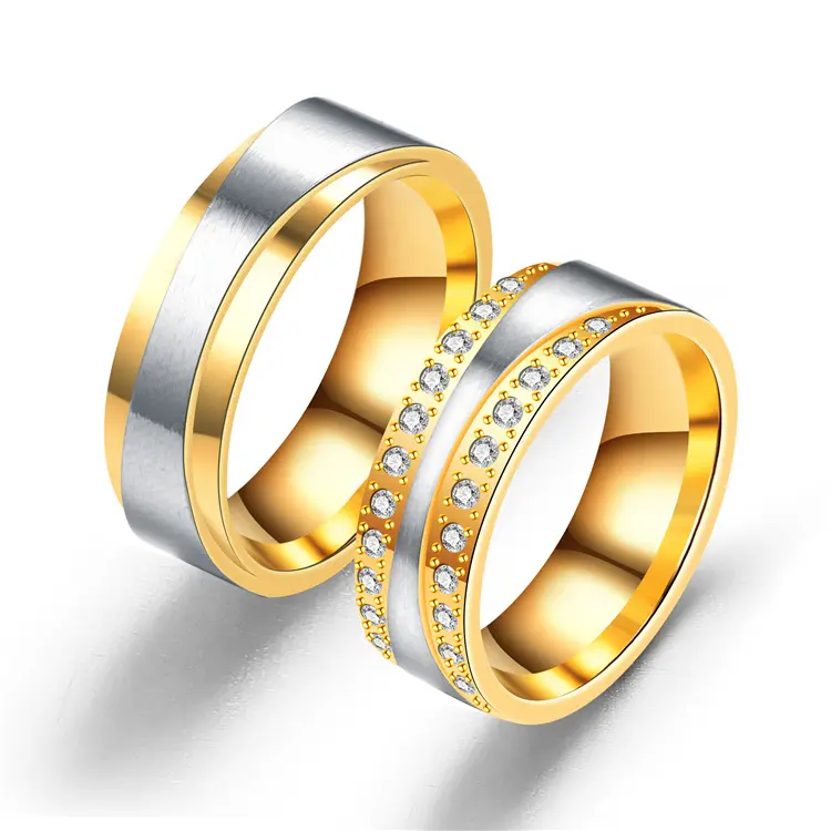LVR073 Cincin Pertunangan Baja Pasangan, Perhiasan Cincin Berlian Wanita Lapis Emas Mewah Dubai