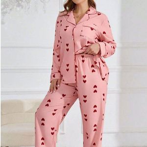 Ensemble de pyjama pour femmes en taille grande, cardigan en tissu gaufré à manches longues, pantalon, ensemble Sweet Home en forme de cœur, 2 pièces, pyjama grande taille pour femmes - Product Image 6