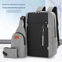 Sac à dos universitaire minimaliste noir mat imperméable en tissu Oxford avec fermeture éclair antivol pour homme, idéal pour les trajets quotidiens, ensemble de trois pièces