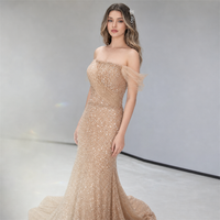 Robe de soirée sirène à sequins champagne, épaules dénudées, manches tombantes perlées, corset et traîne, pour soirée, fournisseur personnalisé, vente en gros