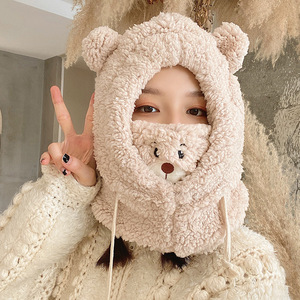 <b>Cute</b> <b>Bear</b> Scarf Hat Women Winter Plush Hooded Warm All In One Korean Style Off White Lamb Wool - Product Image 1