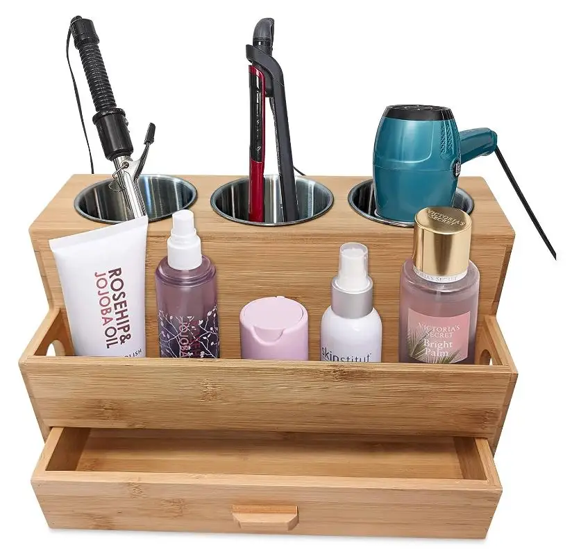 Saç alet düzenleyici, bambu saç kurutma makinesi ve şekillendirme tutucu, banyo lavabo tezgahı fön makinesi tutucu Vanity Caddy depolama standı
