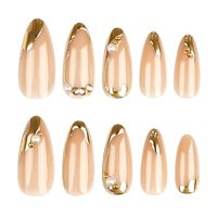 Ongles à presser Amande - Faux ongles French Manucure avec motif ligne dorée - Ongles à presser de taille moyenne - pour femmes 24 pièces