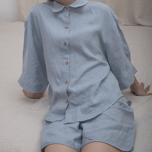 Conjunto de pijamas de lino puro para hombre y mujer, camisones unisex de estilo Simple e informal de alta calidad, top y pantalones cortos de verano, lavado a la piedra, 100% - Product Image 1