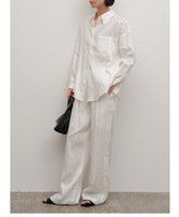 Ensemble chemise et pantalon 2 pièces en lin français, confortable et décontracté, coupe ample et simple, manches longues, en stock usine 2026