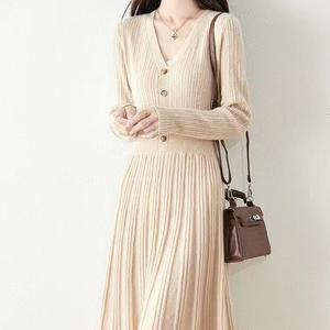 Wool A-Line Elegant Autumn Long Sleeve Button Sweater <strong>Dress</strong> with V-Neck Natural Waist Thick Simple Midi - Product Image 1