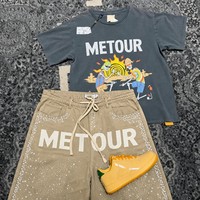 Ensemble T-shirt et short en jean déchiré pour homme, style streetwear vintage, respirant, imprimé numérique DTG, avec strass thermocollés