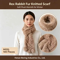 Écharpe en fourrure de lapin Rex tricotée pour femme avec pompons moelleux, résistante au vent, idéale pour les tenues hivernales quotidiennes