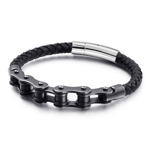 Pulsera de cuero con cadena de bicicleta de acero inoxidable, diseño geométrico en blanco y negro para motocicleta, joyería de moda - Product Image 5