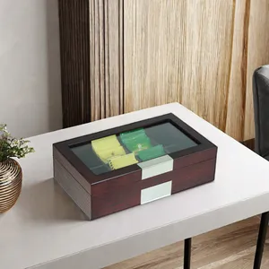 Sonny Custom 8 Compartments Luxury Wooden Tea Storage Box Organizer with Glass Lid