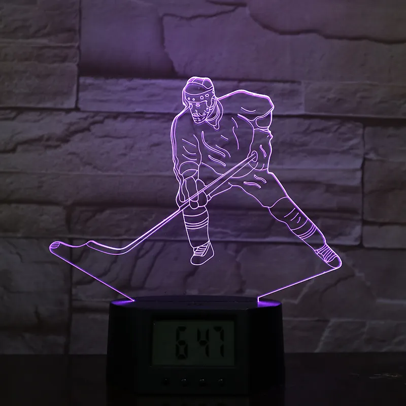 Verjaardag Kerstcadeau Ijshockey Sport Ontwerp Led Illusion Visuele Optische Tafellamp Nachtlampje 3d Met Wekker Functie