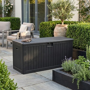 Boîte de rangement extérieure <span class=keywords><strong>en</strong></span> HDPE de 190 gallons, directement de l'usine, et table d'appoint pour meubles de patio, pour accessoires de <span class=keywords><strong>piscine</strong></span> et de jardin, noir et marron - Product Image 1