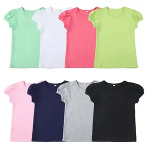 New arrival 100% combed cotton ruffle sleeves children blank shirt toddler shirt for girl puffed tshirt