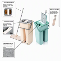 Serpillère plate avec seau à double compartiment pour lavage et séchage séparés, essoreuse intégrée, manche réglable en acier inoxydable, microfibre pour sols