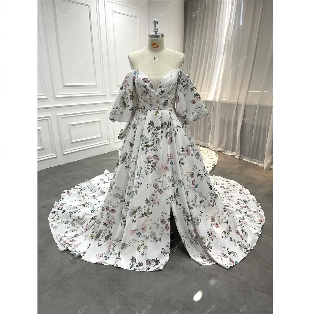 Women Off Shoulder Puffy Sleeves Floral Printed Satin Detachable Bow Princess Wedding Dress