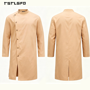 Men Cotton <b>Kaftan</b> Thobe Asymmetric Button Down Stand Collar Long Sleeve Relaxed Mid-Length Boho Casual Modest Maxi Shirt Robe - Product Image 3