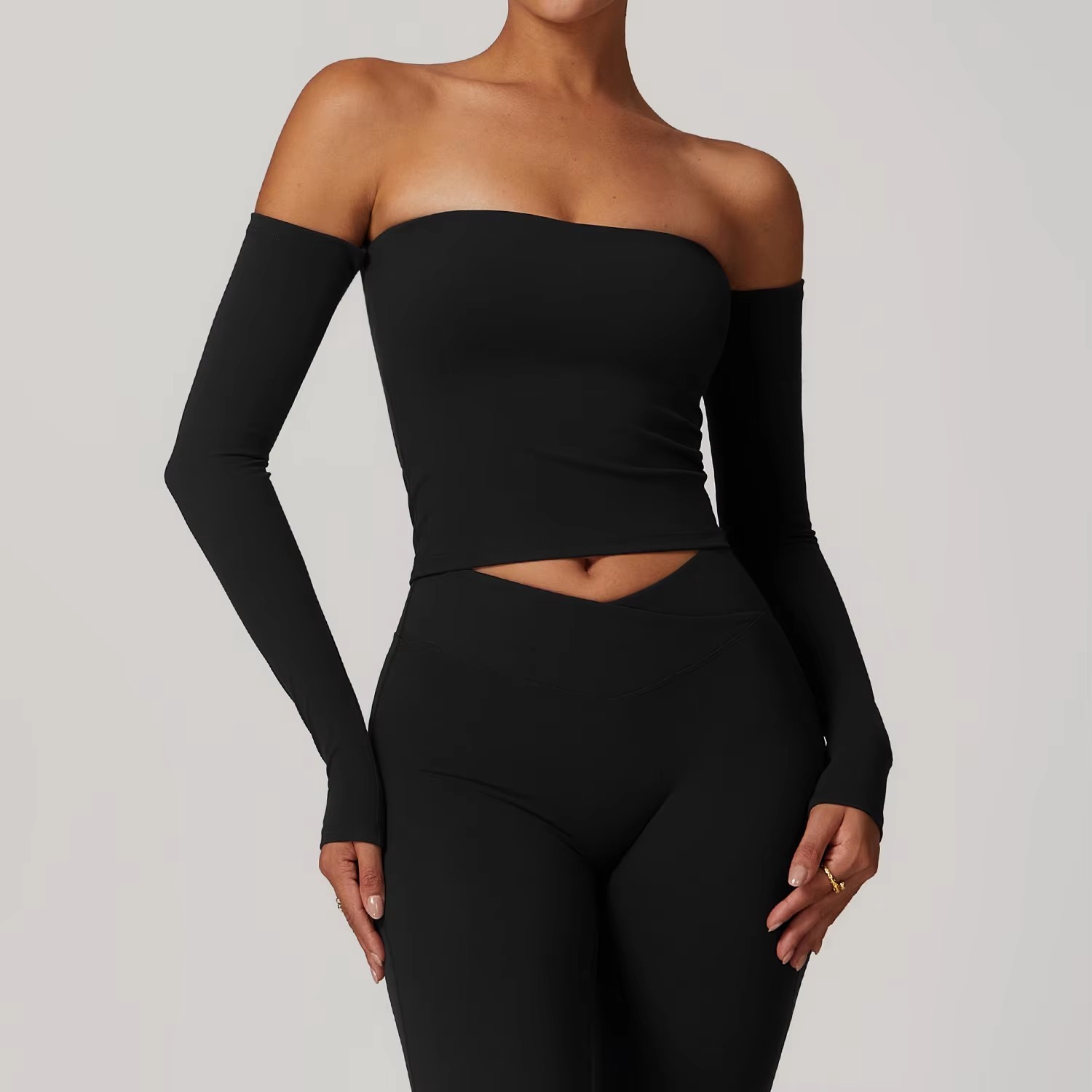 Customized Stretchy Women's Athletic Fitness Slim Fit Open Back Long Sleeve Crop Top Off Shoulder Gym Yoga Workout Tube Tops