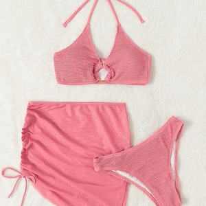 Conjunto de Bikini Brasileño de Tres Piezas 2025 con Sujetador Push-Up sin Tirantes, Tanga de Hilo, Diseño Sólido, Traje de Baño Transpirable de Poliéster/Nylon - Product Image 3