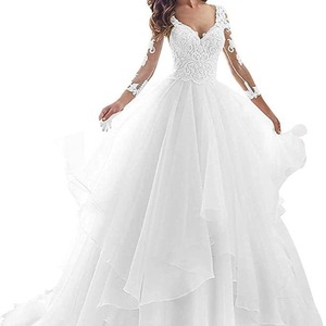 Wedding Dress Ball Gown V-Neck Long Sleeve Backless Princess Waist <b>Floor</b> Length Trail Style For Women - Product Image 5