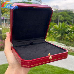 Luxury Octagonal <b>Red</b> PU Leather Watch Necklace <b>Gift</b> <b>Box</b> Custom Logo Long Jewelry Storage Case With Gold Stitching Snap Clasp - Product Image 5