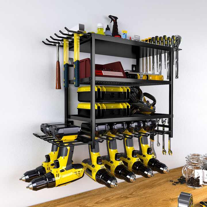 Raft pentru scule de garaj, cu montare pe perete, cu 4 straturi, plutitor, metal, fara fir, pentru unelte grele, organizator pentru scule electrice