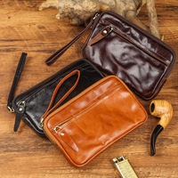 Tas Dompet Kulit Sapi Asli Full Grain Retro Vegetable Tanned Dengan Tali Pergelangan Tangan, Kapasitas Besar Untuk Wanita