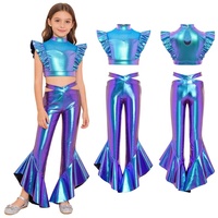 Conjunto de Danza para Niñas de 6 a 16 Años, Top Corto Metálico con Pantalones Acampanados, para Clases de Danza, Espectáculos de Jazz, Fiestas Temáticas