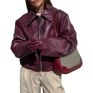 Blouson en cuir PU bordeaux personnalisé 2026, style motard, coupe-vent d'hiver pour femme, à fermeture éclair, manches longues, en tissu tissé - Product Image 1