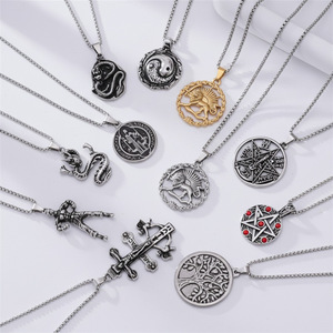 Collar de acero inoxidable con colgantes temáticos, diseño de cruz y signos del zodiaco, para uso diario, estilo hip hop para hombres y mujeres - Product Image 1