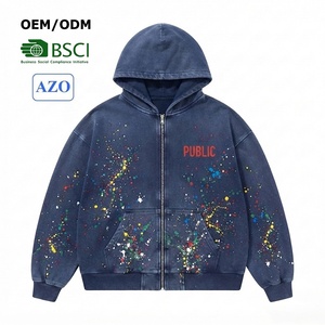 Oversized Men's Hoodie Zipper-Up Cotton Spray Print Streetwear Autumn Acid Washed Heavyweight Screen Print Paint Splatter Hoodie - Product Image 1