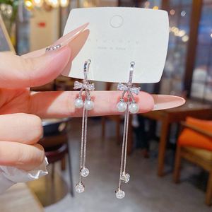 Korean Long Tassel Chain Imitation Pearl Cherry <b>Earrings</b> for Women Bridal Temperament Zircon Drop Dangling <b>Earrings</b> Jewelry - Product Image 6