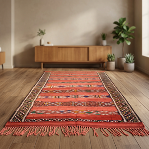 Tapis rectangulaire marocain fait main en laine à imprimé animalier, style bohème, tissage plat avec franges et support en jute pour salon - Product Image 1