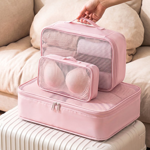 Travel Storage Bag Set Pink 3-Piece Rectangle Clothing Organizer For Trip Waterproof Foldable - Product Image 1