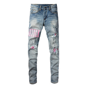 Jeans da Uomo di <span class=keywords><strong>Marca</strong></span> Trendy Stile Europeo-Americano, Strappati e Patchwork, Vintage con Lettere, Elasticizzati, Slim Fit, Traspiranti, Estivi - Product Image 5