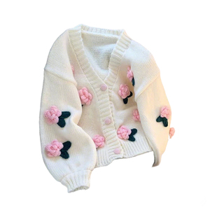 Áo len dệt kim nữ tay dài họa tiết hoa 3D tùy chỉnh, nhiều màu sắc, thêu nổi, kiểu cardigan móc len - Product Image 1