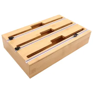 Bamboo Wrap Dispenser with Cutter 3 Slot Food Wrap Storage Boxes Foil And Cling Plastic Cutter