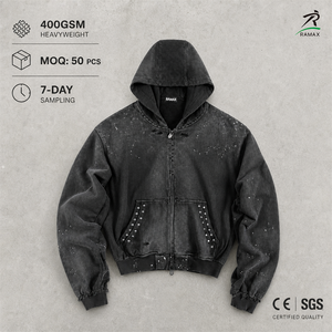 เสื้อฮู้ดซิปแบบวินเทจสำหรับผู้ชาย ผ้าหนา 400GSM ล้างสีแบบวินเทจ แต่งสีสาด ตกแต่งหมุด ทรงครอป  OEM ODM - Product Image 1