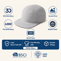 Casquette en maille à séchage rapide, hydrofuge, respirante, à cinq panneaux, visière plate, ajustable 56-62cm, logo personnalisé, vente en gros, OEM, faible MOQ