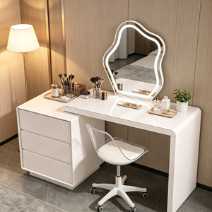 Ensemble de coiffeuse extensible blanc mat avec miroir LED nuage irrégulier, commode à 3 tiroirs, chaise de bureau transparente à roulettes et bureau de maquillage pour chambre - Product Image 5