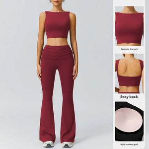 Ensemble de yoga deux pièces pour femmes : Gilet de fitness Pilates européen et américain et pantalon long évasé uni - Product Image 2