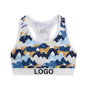 เสื้อชั้นในกีฬาแบบ Racerback สำหรับผู้หญิง ลายภูเขา ระบายอากาศได้ดี รองรับปานกลาง เหมาะสำหรับโยคะ พร้อมโลโก้ที่ชายเสื้อ (แบบ OEM สั่งทำได้) - Product Image 1