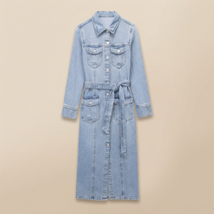 Robe Midi en Jean Vintage Élégante pour Femme, Détail Boutons, Manches Longues, Ceinture, Silhouette Trapèze, 100% Polyester, Couleur Délavée, Vente en Gros - Product Image 3