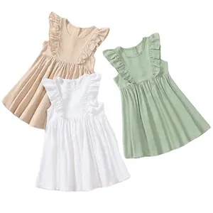 1Pcs Private Label RTS Summer Infant Toddler Children Clothes Flutter Sleeve Girls Kids Linen Cotton Dress