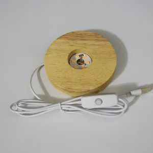 exhibición de objetos de arte Suppliers-Base de lámpara LED de madera luminosa con USB, 5V, cristal transparente, Soporte redondo para exhibición de objetos, Base de madera para decoración de Bar